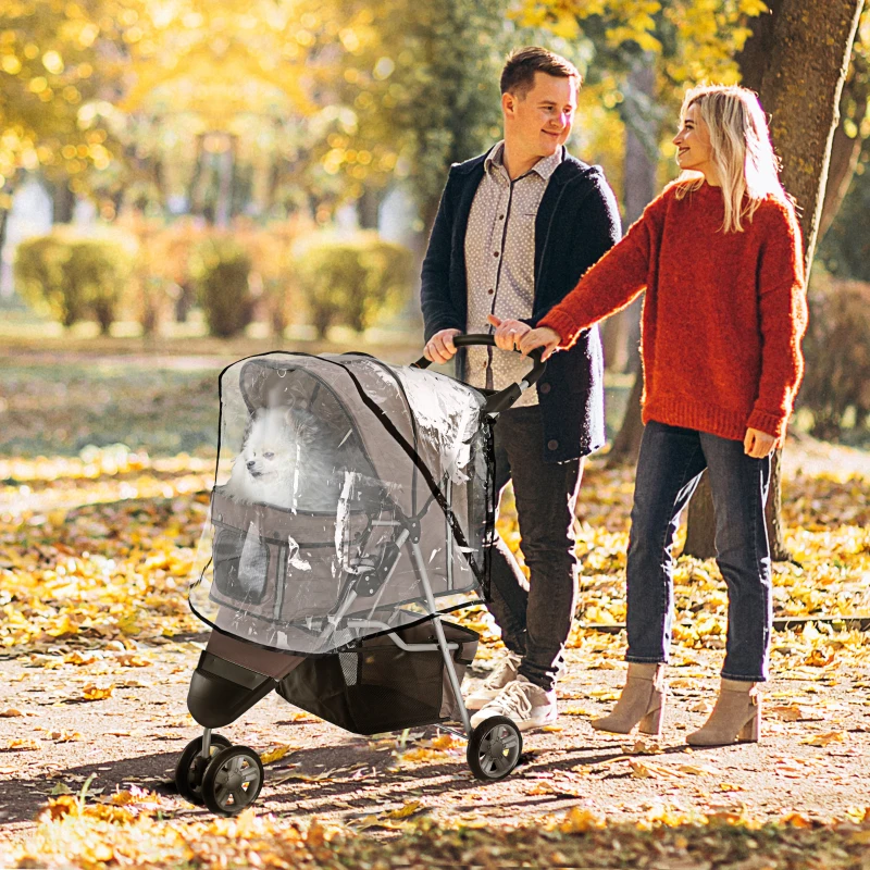 PawHut Dog Stroller with Cover for Small Miniature Dogs, Folding Cat Pram Dog Pushchair with Cup Holder, Storage Basket, Reflective Strips, Brown