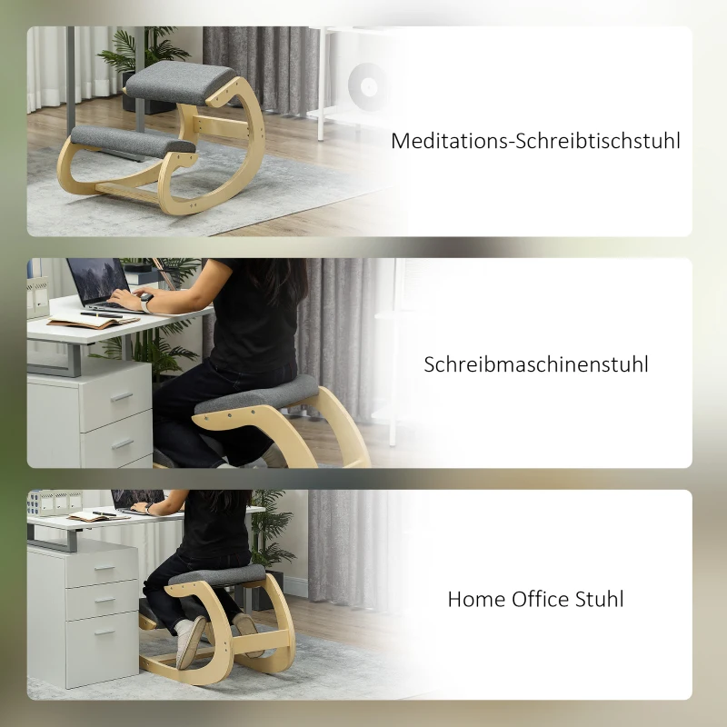 HOMCOM Ergonomischer, schaukelnder Kniehocker für Homeoffice, zur Verbesserung der Körperhaltung, Grau(m-7)