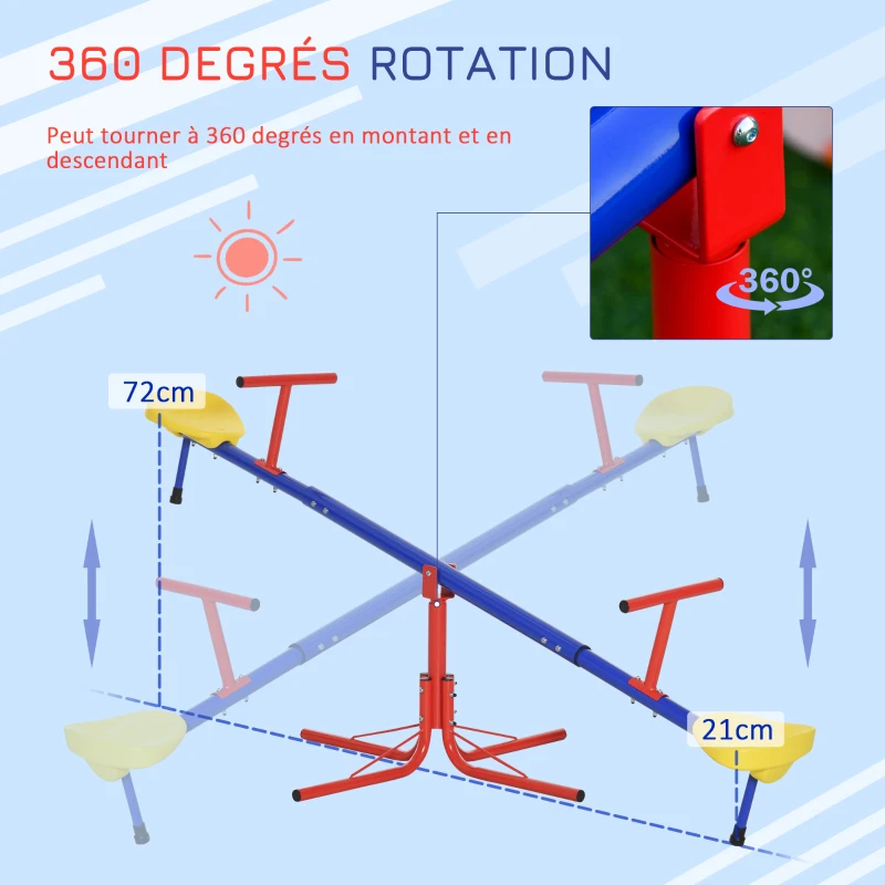 Outsunny Balançoire à bascule pour enfant 3 à 8 ans trébuchet rotatif 360° pied 4 tiges poignée 184 x 76 x 71 cm, multicolore