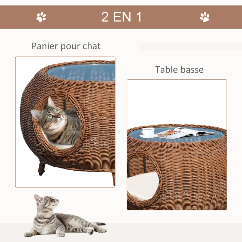 PawHut Panier chat cosy grand confort table basse 2 en 1 coussin amovible déhoussable résine tressée marron