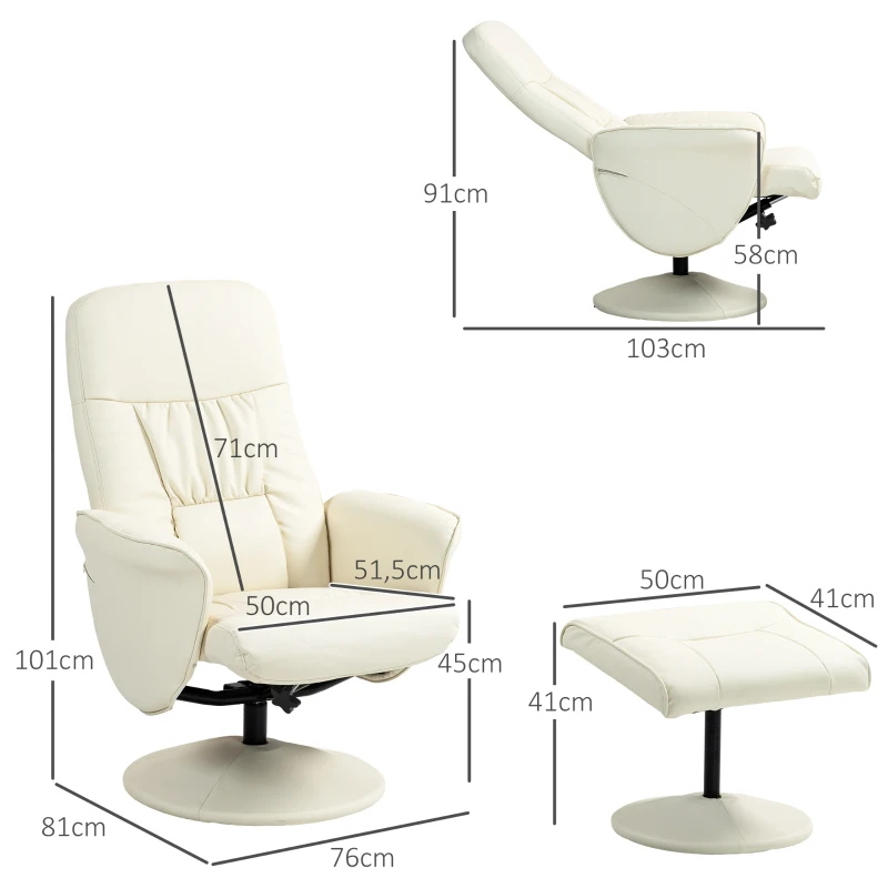 HOMCOM Sillón de Relax con Reposapiés Respaldo Reclinable hasta 145° para Salón Dormitorio Oficina 76x81x101 cm Crema