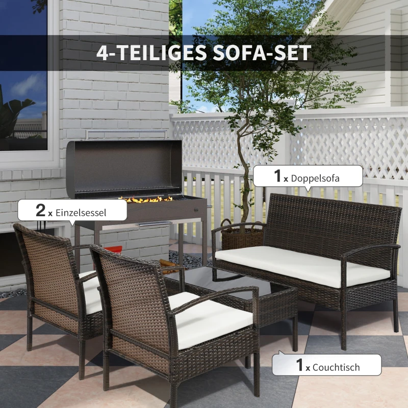 Outsunny Polyrattan Gartenmöbel Set für 4 Personen Rattensofa-Set Sitzgarnitur Braun+Cremeweiß
