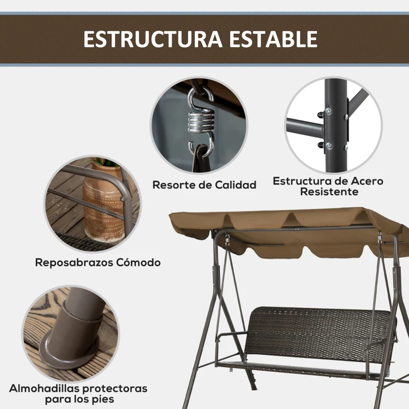 Outsunny Balancín de Jardín Exterior de 3 Plazas con Toldo Ajustable Asiento de Ratán PE y Reposabrazos 167x112x153 cm Marrón