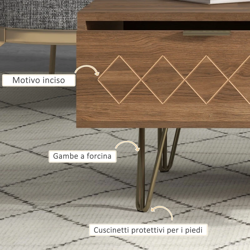 HOMCOM Tavolino da Caffè con 2 Ripiani Aperti e 2 Cassetti in Truciolato e Metallo, 95x62x36.5 cm