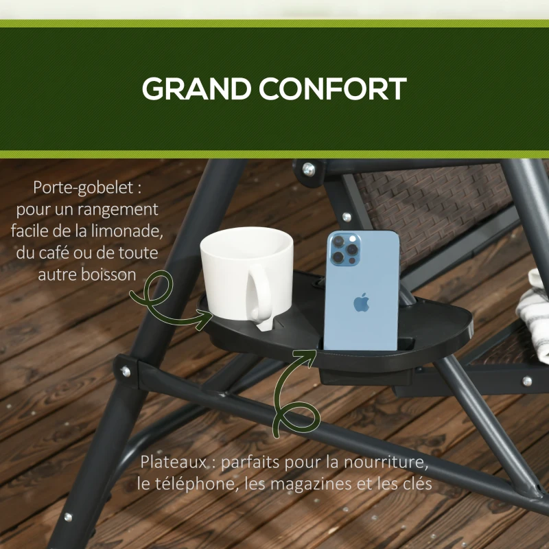 Outsunny Balancelle de jardin 3 places toit inclinaison réglable avec porte-gobelets et plateaux assise dossier ergonomique