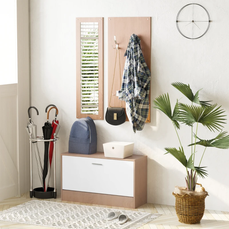 HOMCOM 3-teiliges Garderoben-Set Flurgaderobe mit Schuhschrank Garderobe Wandspiegel 4 Haken Natur 30 x 100 cm (Spiegel)