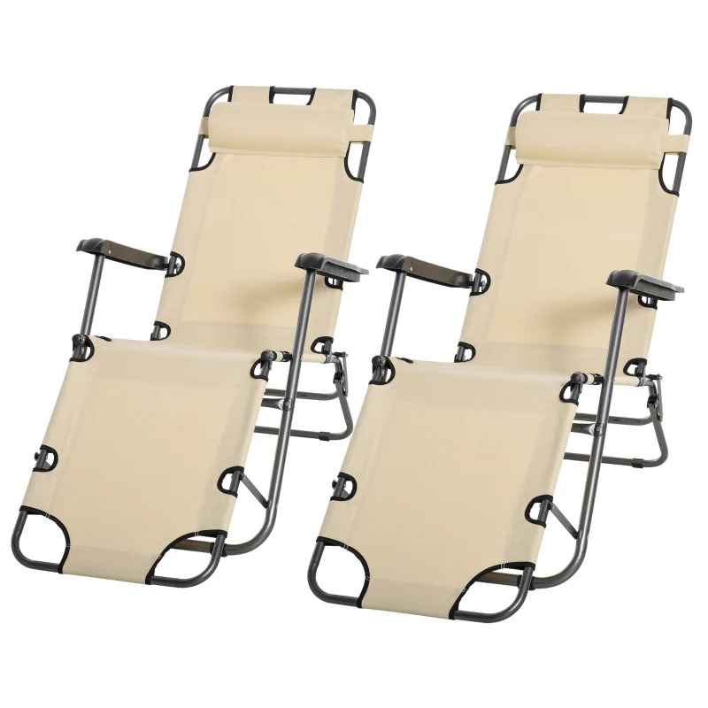 Outsunny 2 in 1 Folding Sun Lounger Reclining Garden Chair Set of 2 with 2-Level Adjustable Backrest, Outdoor Zero Gravity Recliner Garden Chairs with Head Pillow and Armrests, Beige