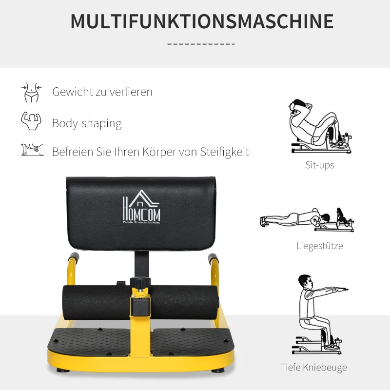 HOMCOM Sissy Squat Kniebeugentrainer Beintrainer Bauch-Gesäß-Trainer 3 in 1 Trainer verstellbar bis 120 kg Stahl Gelb+Schwarz 50 x 97 x (44,5–56,5) cm