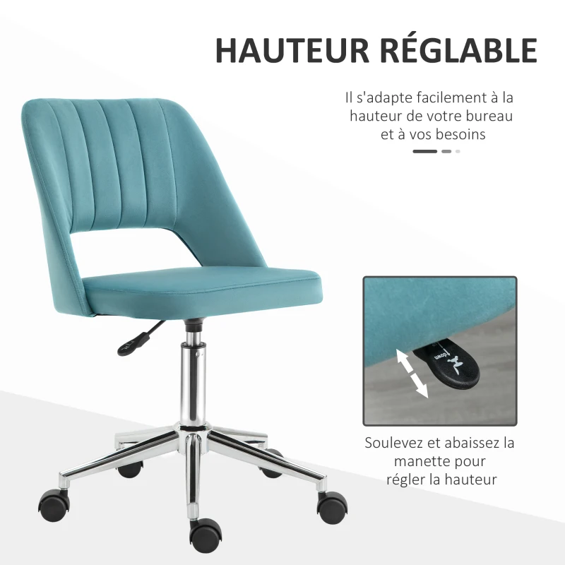 Vinsetto Chaise de bureau design contemporain pivotante 360° ergonomique dossier strié aéré hauteur réglable revêtement velours 49 x 60 x 91 cm bleu