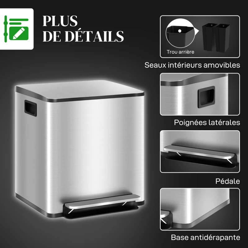 HOMCOM Poubelle de cuisine 2 compartiments de 2 x 15L, avec pédale, en acier inoxydable, couvercle à fermeture douce