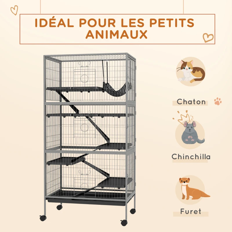 PawHut Cage pour rongeurs multifonction 4 plateformes 3 rampes 4 portes dim. 80L x 52l x 159H cm acier gris argenté noir