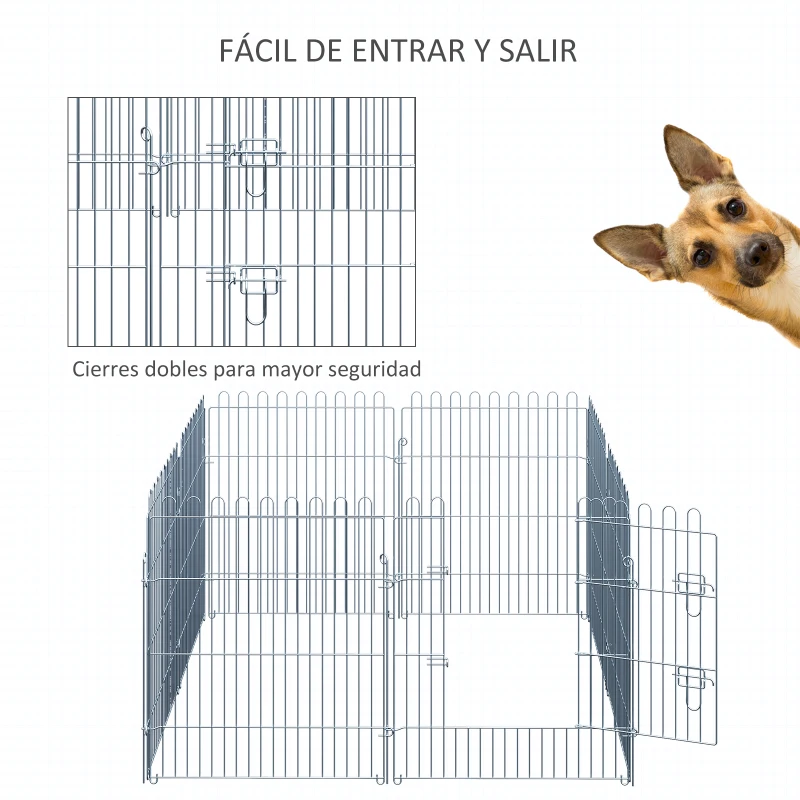 PawHut Vallas para Perros Plegables de 8 Piezas 63x76 cm con 1 Puerta y Marco de Acero para Jardín Patio Plata