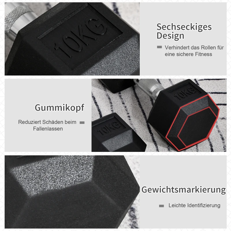 HOMCOM Hexagon Hanteln, 2er Set Hanteln mit gerändeltem Griff, Kurzhantelset aus Gusseisen, 2 x 10 kg, Kurzhanteln für Männer Frauen, Zuhause, Fitnessstudio, Krafttraining