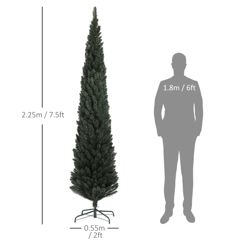 HOMCOM Albero di Natale Slim Alto 225 cm Salvaspazio con 538 Rami con Base in Acciaio per Interni, Verde