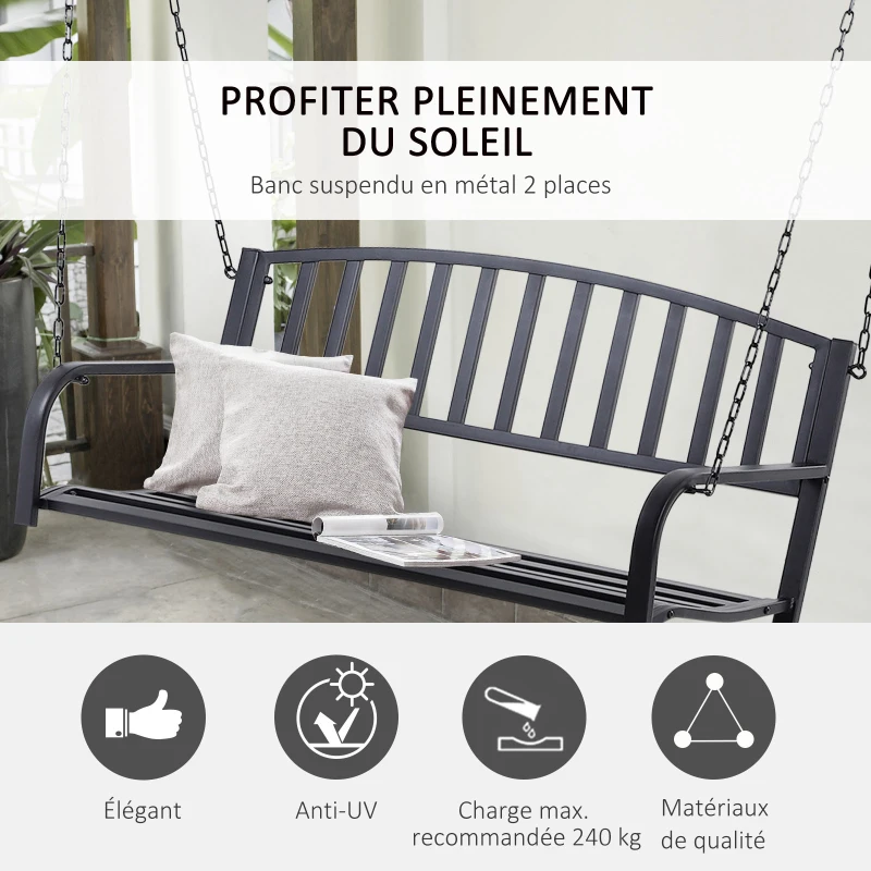 Outsunny Banc Suspendu 2 Places balancelle de Jardin en métal dim. 127L x 60l x 53H cm chaînes incluses métal époxy Noir