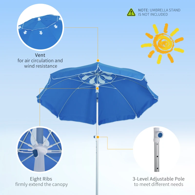 Outsunny 2m Arced Beach Umbrella, Portable Parasol with Tilt and Adjustable Height, Carry Bag, Outdoor Sunshade Shelter with 8 Fibreglass Ribs, Blue