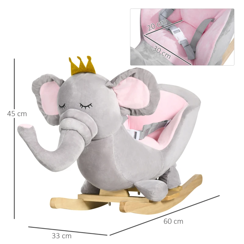 HOMCOM Schaukeltier Elefant, Sicherheitsgurt, gepolsterter Sattel, Soundfunktion 60 cm x 33 cm x 45 cm, Grau + Rosa