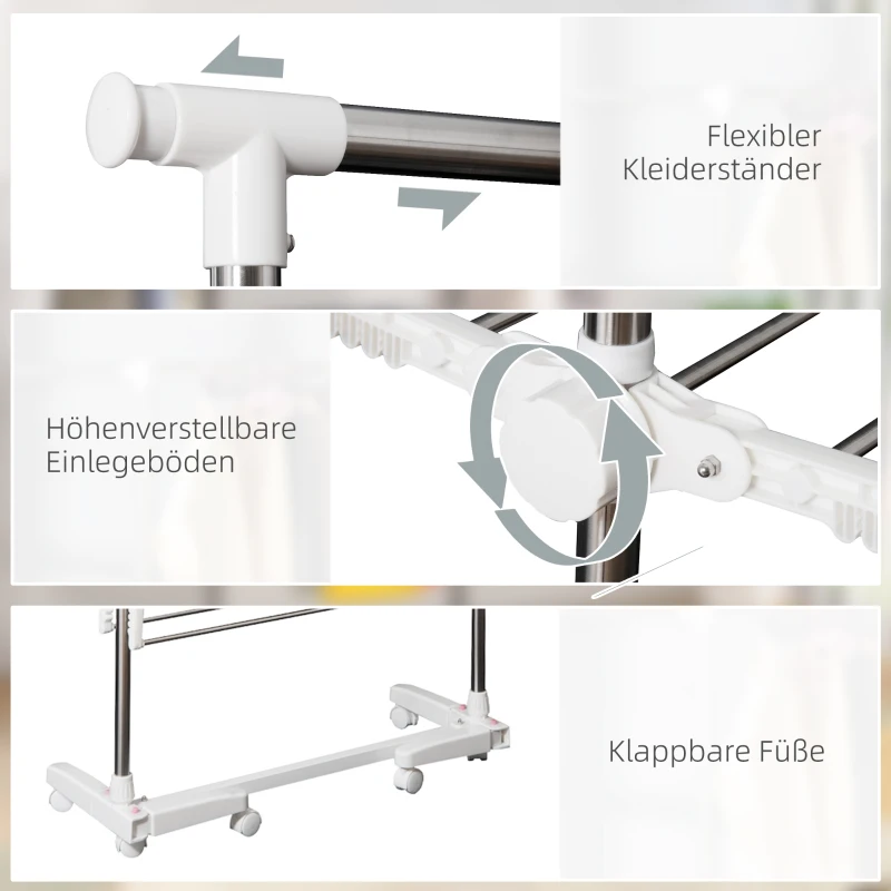HOMCOM Turmwäscheständer ausziehbar Standtrockner mit 3 Ebenen, klappbare Flügel, Rollen, Wäschetrockner für Innen und Außen, Weiß, 83-136,5 x 45,5 x 154 cm