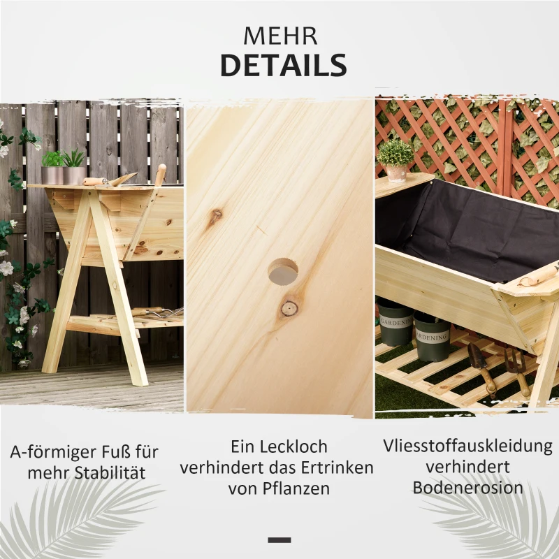 Outsunny Hochbeet Pflanzkasten Blumenkasten Blumentopf mit Abflusslöchern Vliesstoff Tannenholz Natur 129 x 78,5 x 82,5 cm
