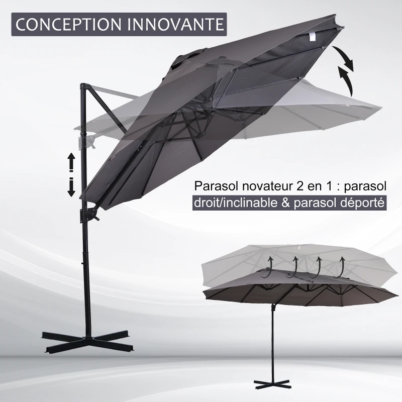 Outsunny Parasol déporté grande taille XXL inclinable avec pied en croix dim. 4,45L x 2,7l x 2,6H m piètement en métal inclus polyester gris