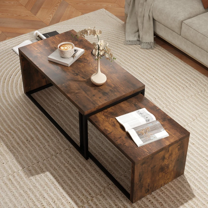 HOMCOM 2er-Set Couchtisch, Sofatisch, Beistelltisch, MDF, Metall, 90 x 48 x 42 cm/59 x 42 x 36 cm, Schwarz+Braun(m-8)
