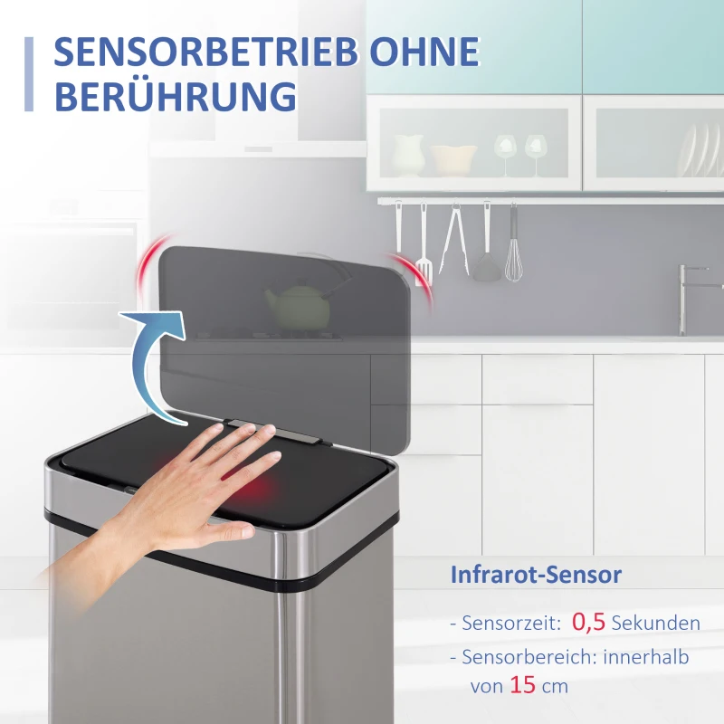 HOMCOM Mülleimer mit Sensor 47L + 2 x 12,5L Automatischer Abfalleimer mit Bewegungssensor, Wasserdichtes Mülltrennsystem aus Edelstahl für Küche Silber