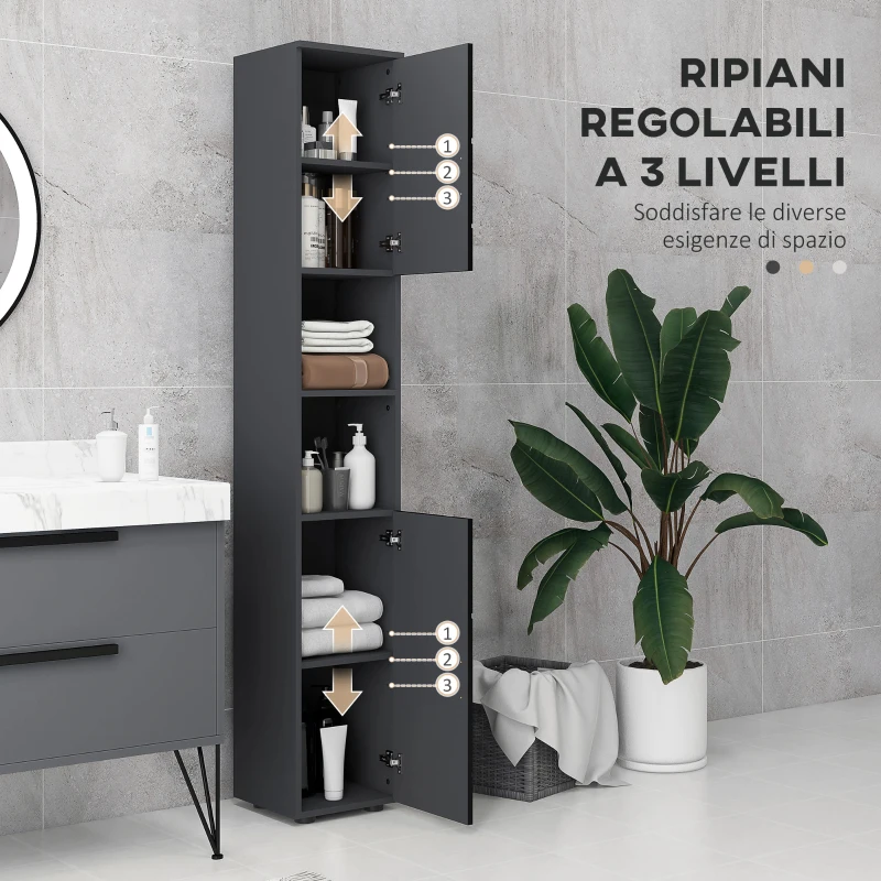 kleankin Colonna Bagno in Truciolato con 2 Ripiani Aperti e 2 Armadietti a 2 Livelli, 30x30x183 cm, Nero e Grigio