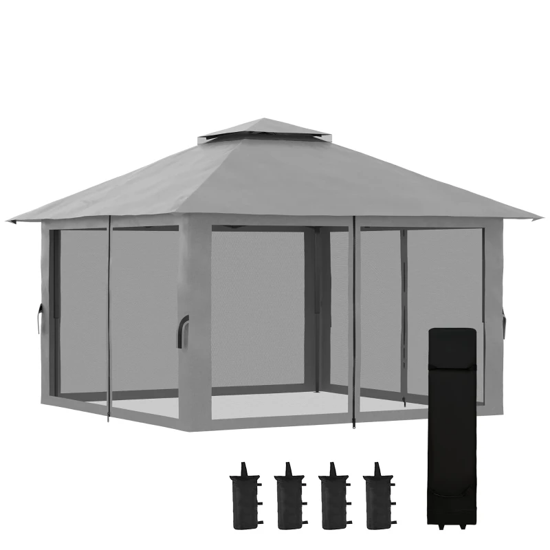Outsunny Gazebo Pieghevole 4x4 con Borsa da Trasporto, Picchetti, Funi e Sacchi di Sabbia Inclusi, 392x392x283 cm, Grigio