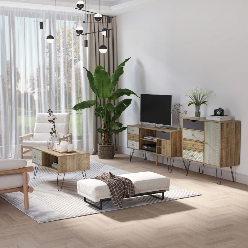 HOMCOM Mesa de Centro Estilo Boho con Cajón Estampado y Patas de Metal de Horquilla para Salón Oficina 90x45x46cm Madera