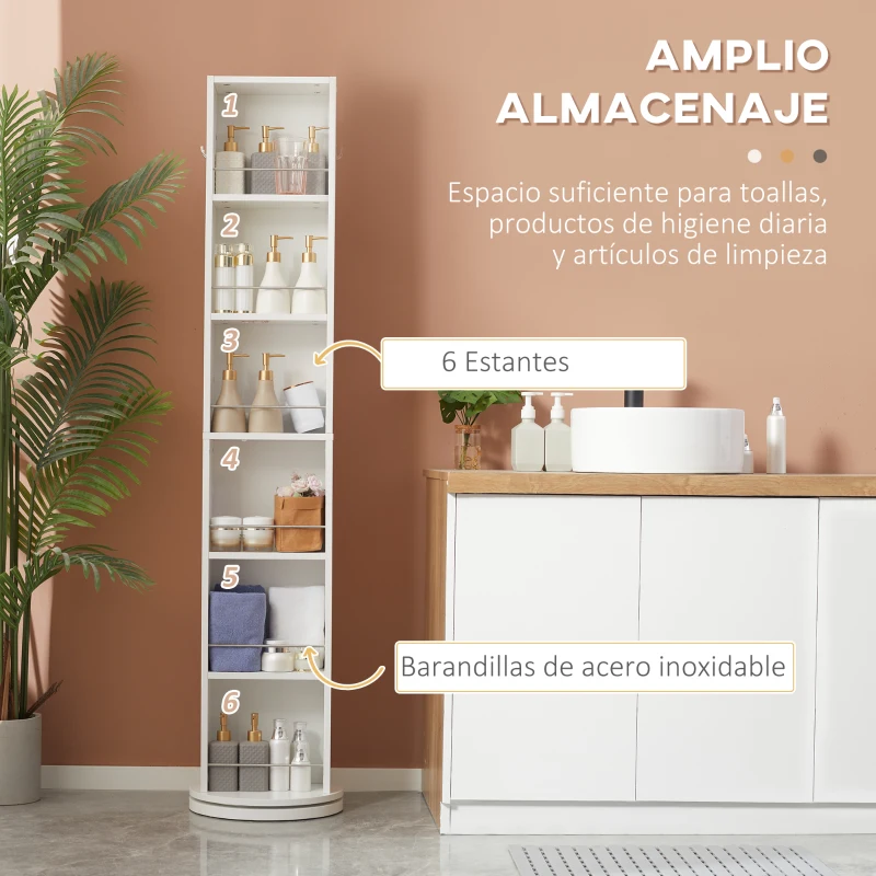 kleankin Armario Alto de Baño Giratorio Columna Auxiliar de Baño de 6 Niveles con Espejo de Cuerpo Entero 36x36x171 cm Blanco
