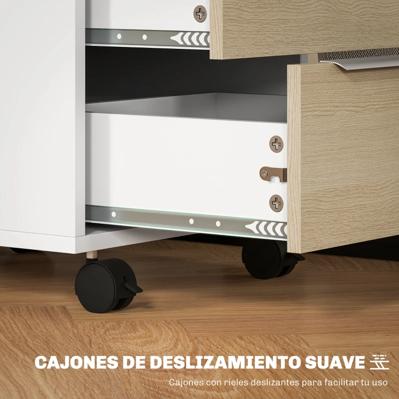 HOMCOM Mueble Archivador con Ruedas 3 Cajones Cerradura y 2 Llaves para Estudio Salón 40x40x63,5 cm Blanco y Roble