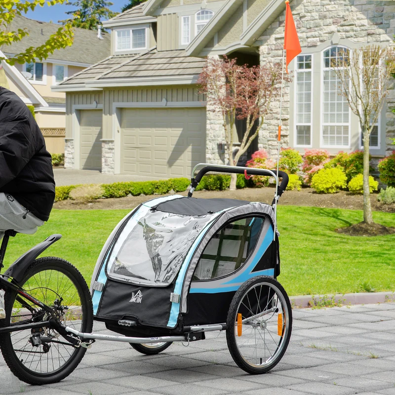 HOMCOM Remorque vélo pour enfant 2 en 1 convertible jogger poussette capacité 26,4 kg avec réflecteurs et drapeau - 2 places  - bleu