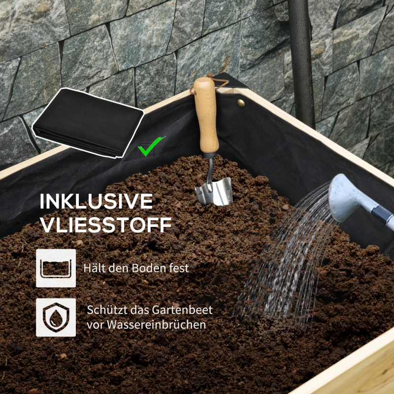 Outsunny Hochbeet Pflanzkasten Blumenkasten Blumentopf Kräuterbeet mit Vliesstoff Massivholz Stahl Natur+Schwarz 80 x 60 x 74 cm