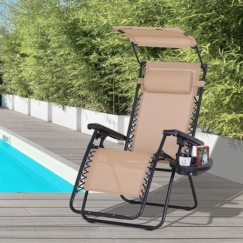 Outsunny Foldable Reclining Garden Chair with Headrest, Zero Gravity Deck Sun Lounger Seat Chair with Footrest, Armrest, Cup Holder & Canopy Shade, Beige