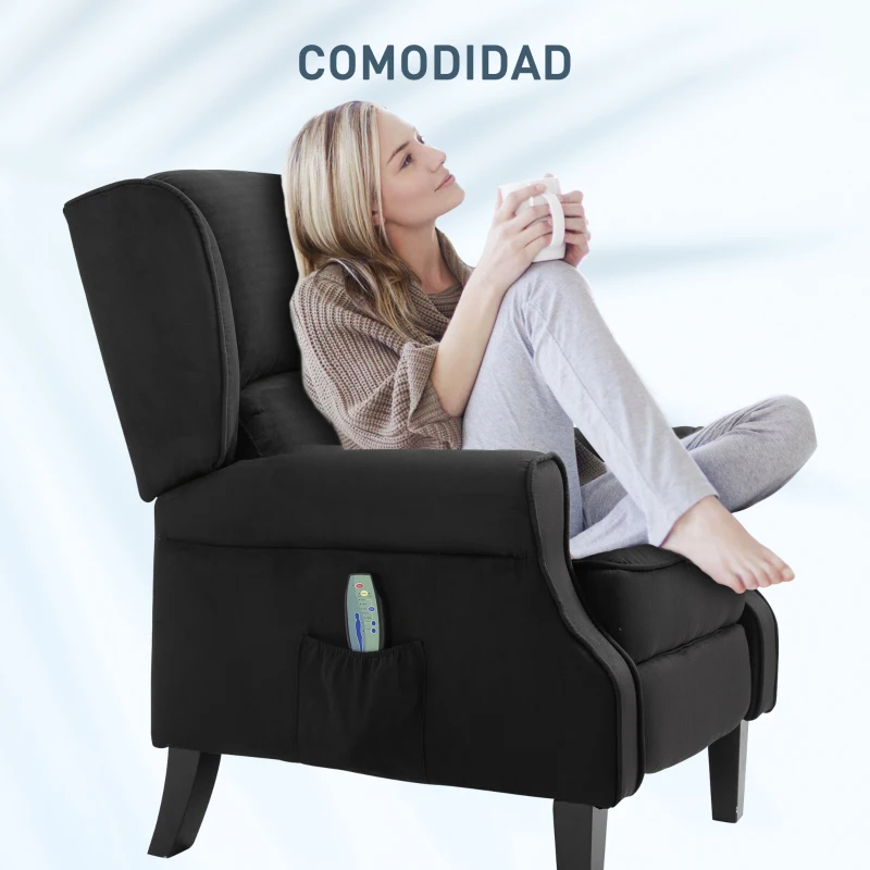 HOMCOM Sillón de Masaje Reclinable con Mando a Distancia 2 Zonas de Masaje y Tapizado en Tejido de Ante 78x83x101 cm Negro