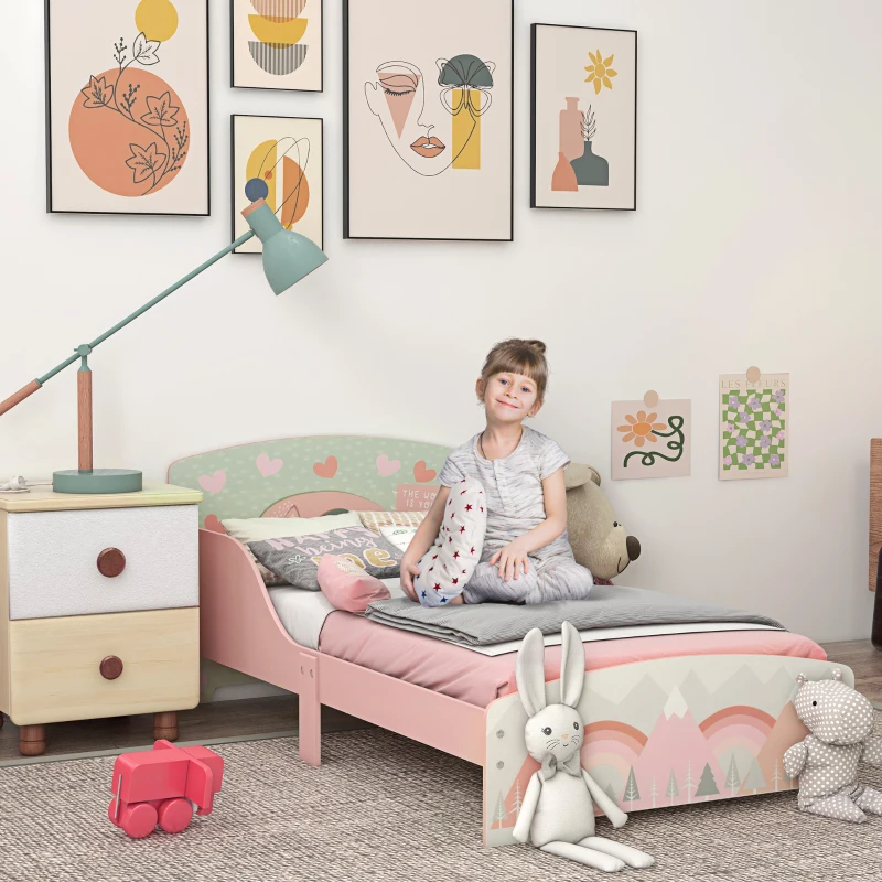 ZONEKIZ Lit pour enfant 3-6 ans avec barrières de sécurité et motifs dim. 77 x 143 x 60 cm sommier à lattes inclus - rose