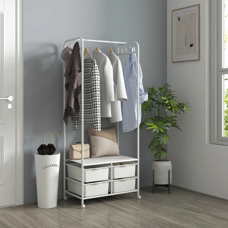 HOMCOM Perchero Zapatero con Ruedas para Recibidor con 8 Ganchos 4 Cestas para Zapatos y Marco de Acero 63x37x153 cm Blanco