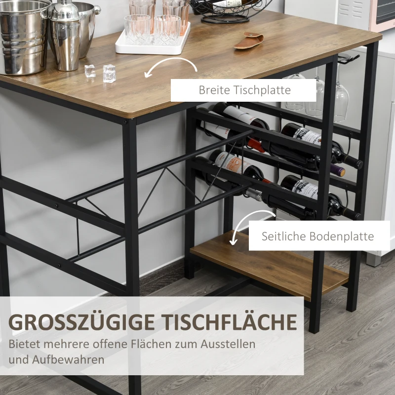 HOMCOM Bartisch-Set, Stehtisch mit 2 Barhockern, 3-teiliges Tischset Küchentresen mit Flaschenhalterung Spanplatte, Stahl, Natur+Schwarz, 108 x 60x 95H cm