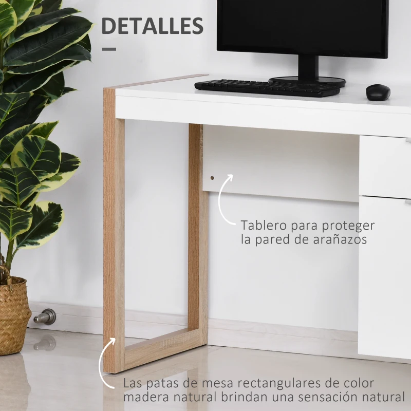 HOMCOM Mesa de Escritorio Espaciosa con Cajón Armario Patas en Forma de Marco de Estilo Moderno 112,5x50x75,5 cm Blanco(m-6)