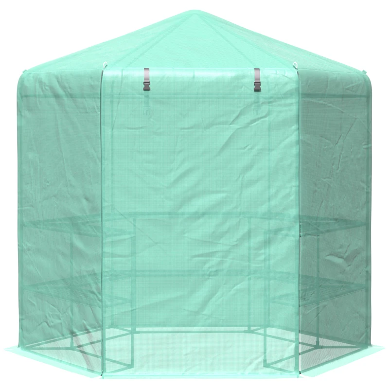 Outsunny Hexagon Walk In Greenhouse with Shelves, Outdoor Green House Grow House with Waterproof PE Cover and Roll-up Door, 228 x 196 x 215 cm, Green