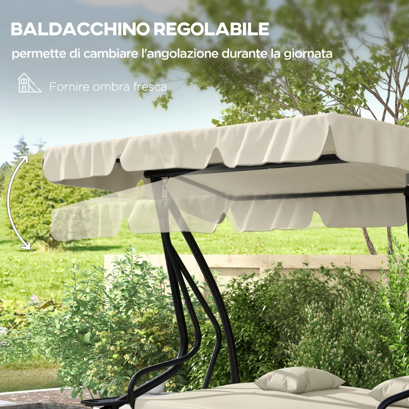 Outsunny Dondolo Letto da Giardino con Tettuccio Regolabile e Vassoi, in Acciaio e Teslin, 200x120x164 cm, Crema