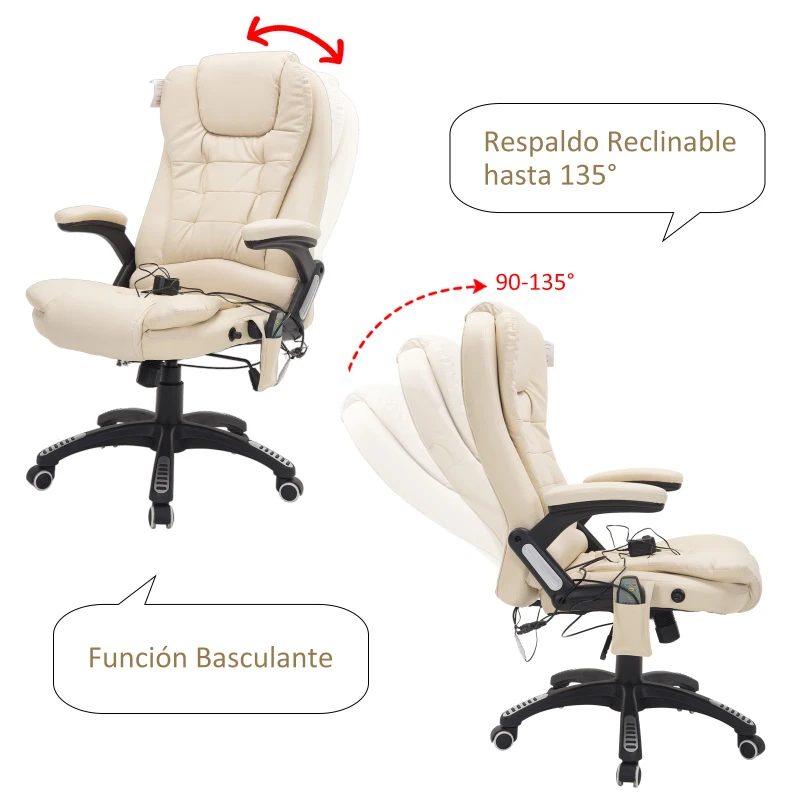 HOMCOM Silla de Oficina Regulable en Altura Reclinable 135° Basculante Con Calefacción Masaje con 5 Programas y 6 Puntos Vibratorios Carga 120 kg 62x68x111-121cm Amarillo Crema