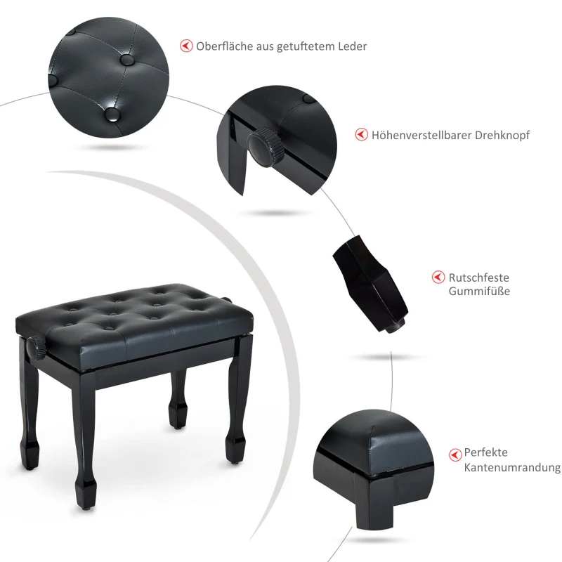 HOMCOM Klavierhocker Höhenverstellbar Klavierbank, Pianobank mit Kunstleder Kissen Keyboardhocker für Piano Keyboard 64 x 35 x 45-55 cm Schwarz