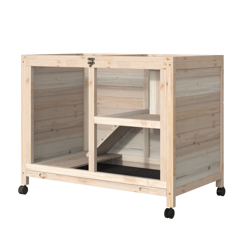 PawHut Cage à lapin clapier sur roulettes petit enclos animaux en bois massif 2 étages toit ouvrant plates-formes 91,5 x 53,3 x 73 cm bois naturel