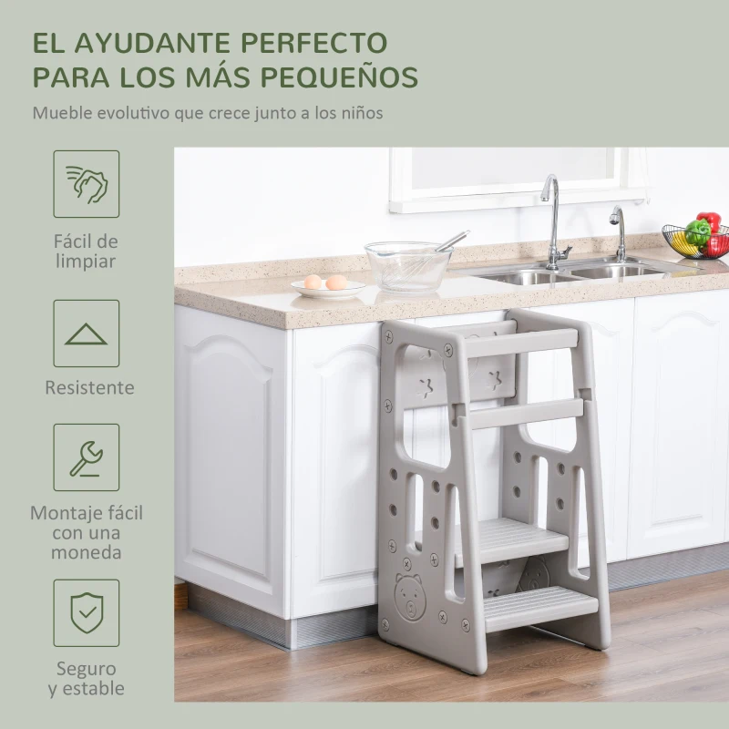 HOMCOM Torre de Aprendizaje para Niños Taburete Infantil con Altura Ajustable en 3 Posiciones para Cocina Baño 47x47x90 cm Gris