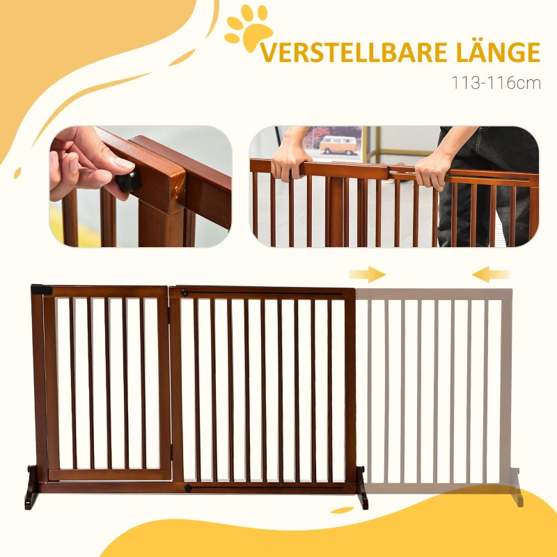 PawHut Absperrgitter Hunde Türschutzgitter Schutzgitter aus Holz Freistehendes Hundegitter mit Tür Hundeabsperrgitter Konfigurationsgitter für Kamin & Ofen Braun 113-166 x 36 x 71 cm