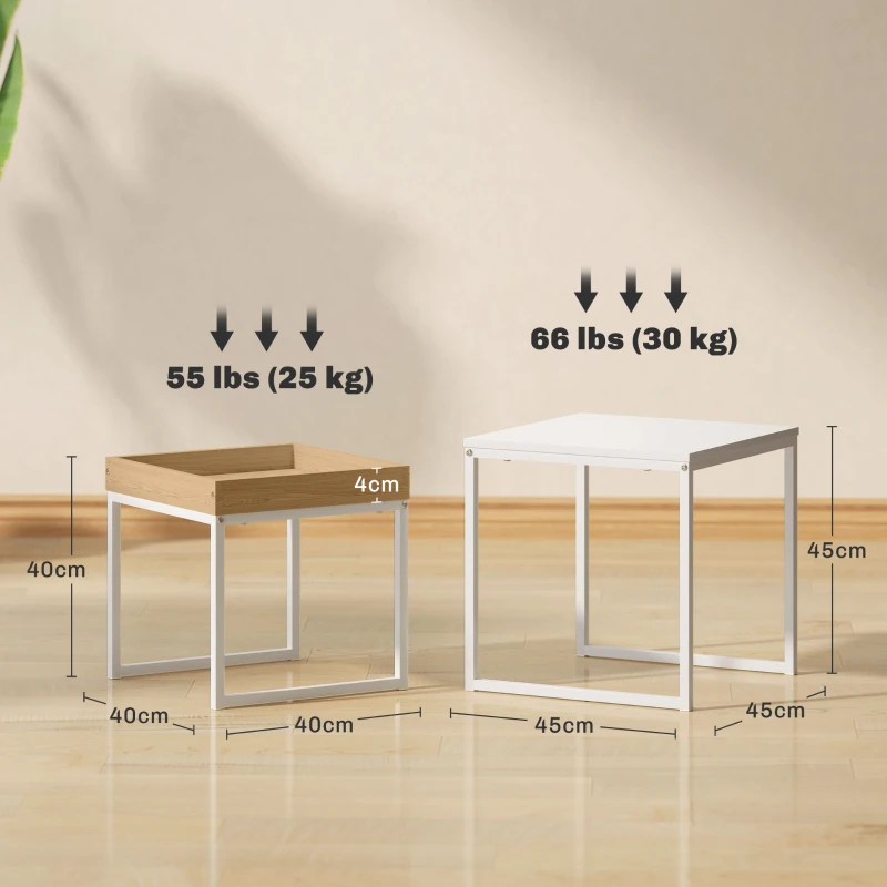 HOMCOM Moderner Couchtisch, 2er-Set Sofatisch, für kleine Räume, Quadratisch, MDF, Metall, Weiß