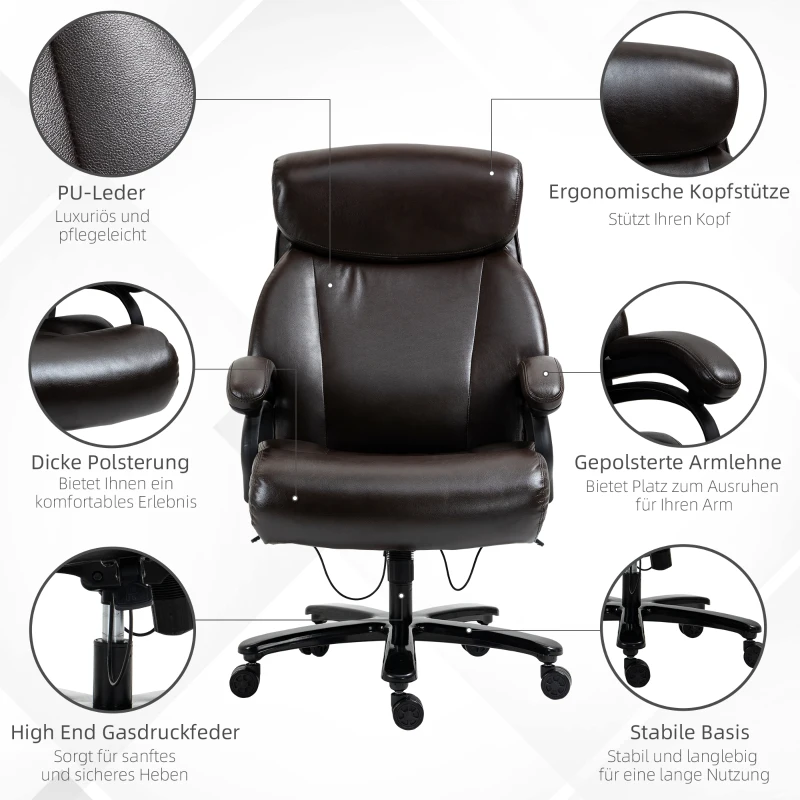 Vinsetto Bürostuhl Chefsessel Gaming Stuhl Drehstuhl Wippfunktion Dicke Polsterung 180 kg Belastbarkeit ergonomisches Design höhenverstellbar Kunstleder Braun 72x83x114-122 cm