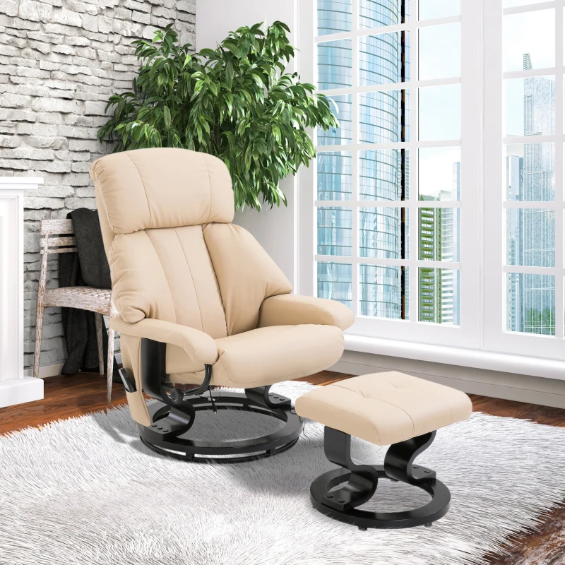 HOMCOM Electric Massage Recliner Chair with Ottoman, Faux Leather Swivel Recliner with Remote Control for Living Room, Beige