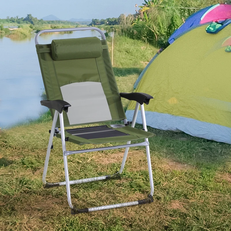 Outsunny Folding Camping Chair, Patio Armchair, 3-Position Adjustable Recliner Reclining Seat with Pillow for Outdoor Garden - Green